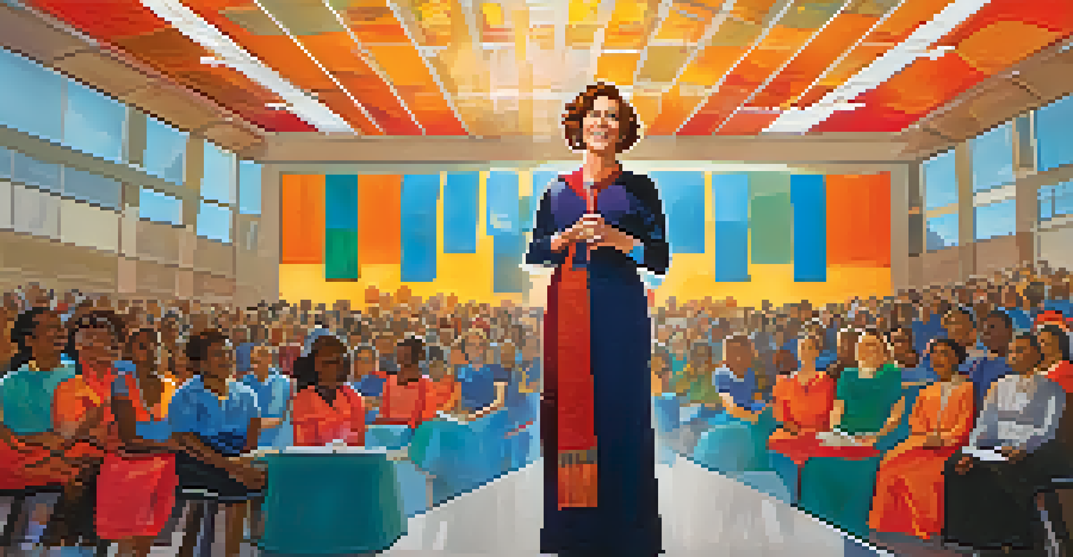 Annie Webb Blanton speaking at an educational conference, advocating for women's rights in education, with a diverse audience and banners in the background.