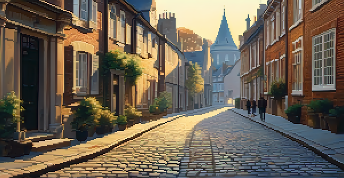 A scenic cobblestone street in a historic city at sunset, with ancient buildings and people walking.