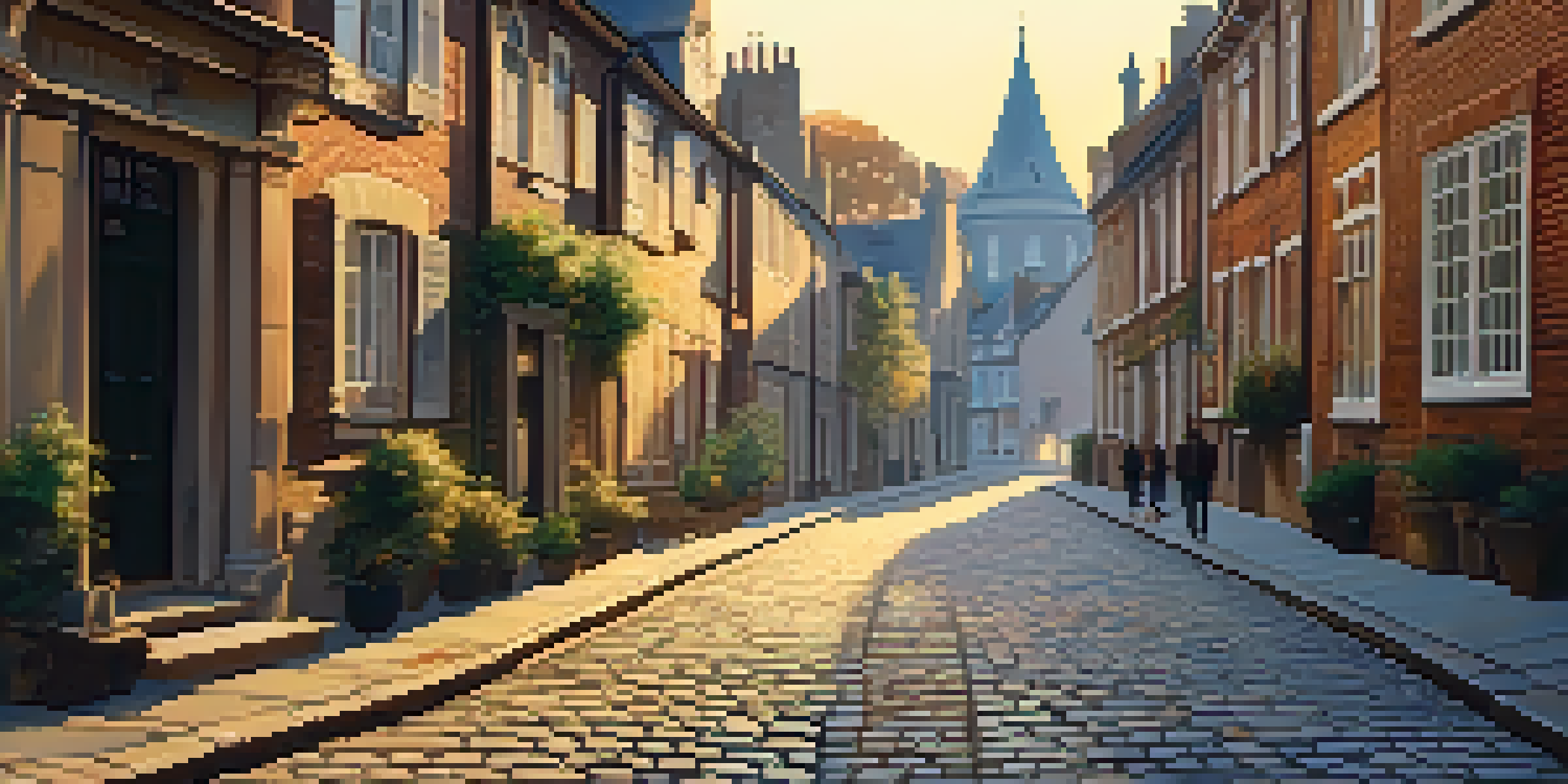 A scenic cobblestone street in a historic city at sunset, with ancient buildings and people walking.