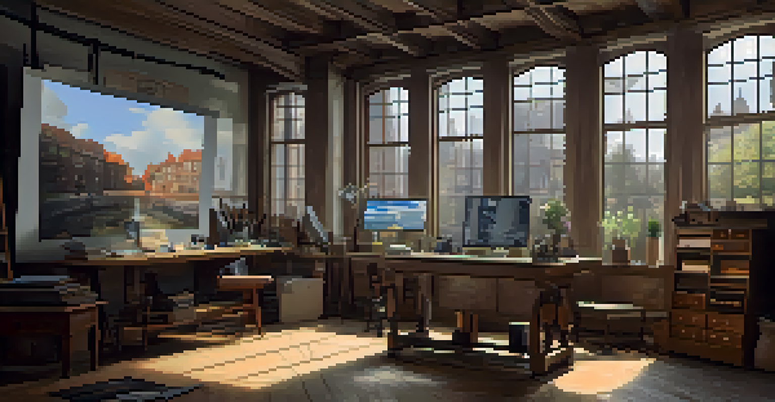 An artist's workspace with a computer displaying a 3D model of a historic building, surrounded by sketches and illuminated by natural light.