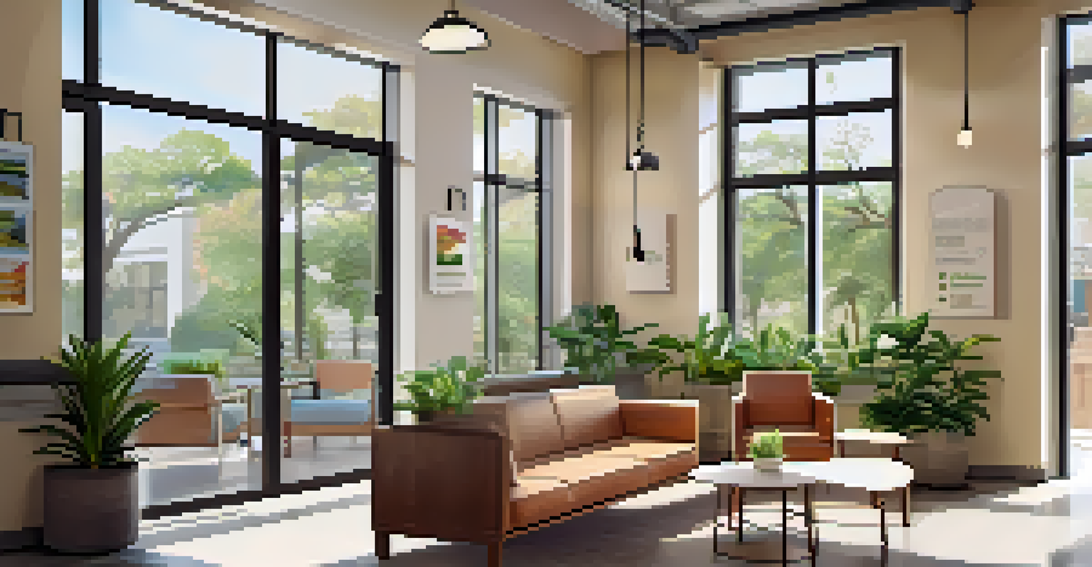 A cozy mental health support center with comfortable seating, calming artwork, and natural light, creating a welcoming atmosphere.