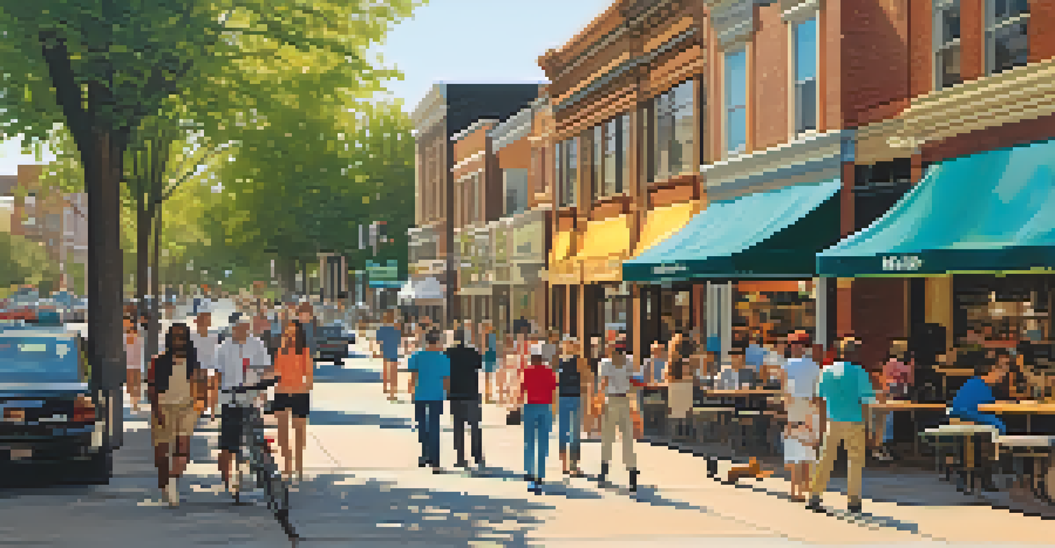 A busy street in Mueller Development with shops, people, and outdoor seating.