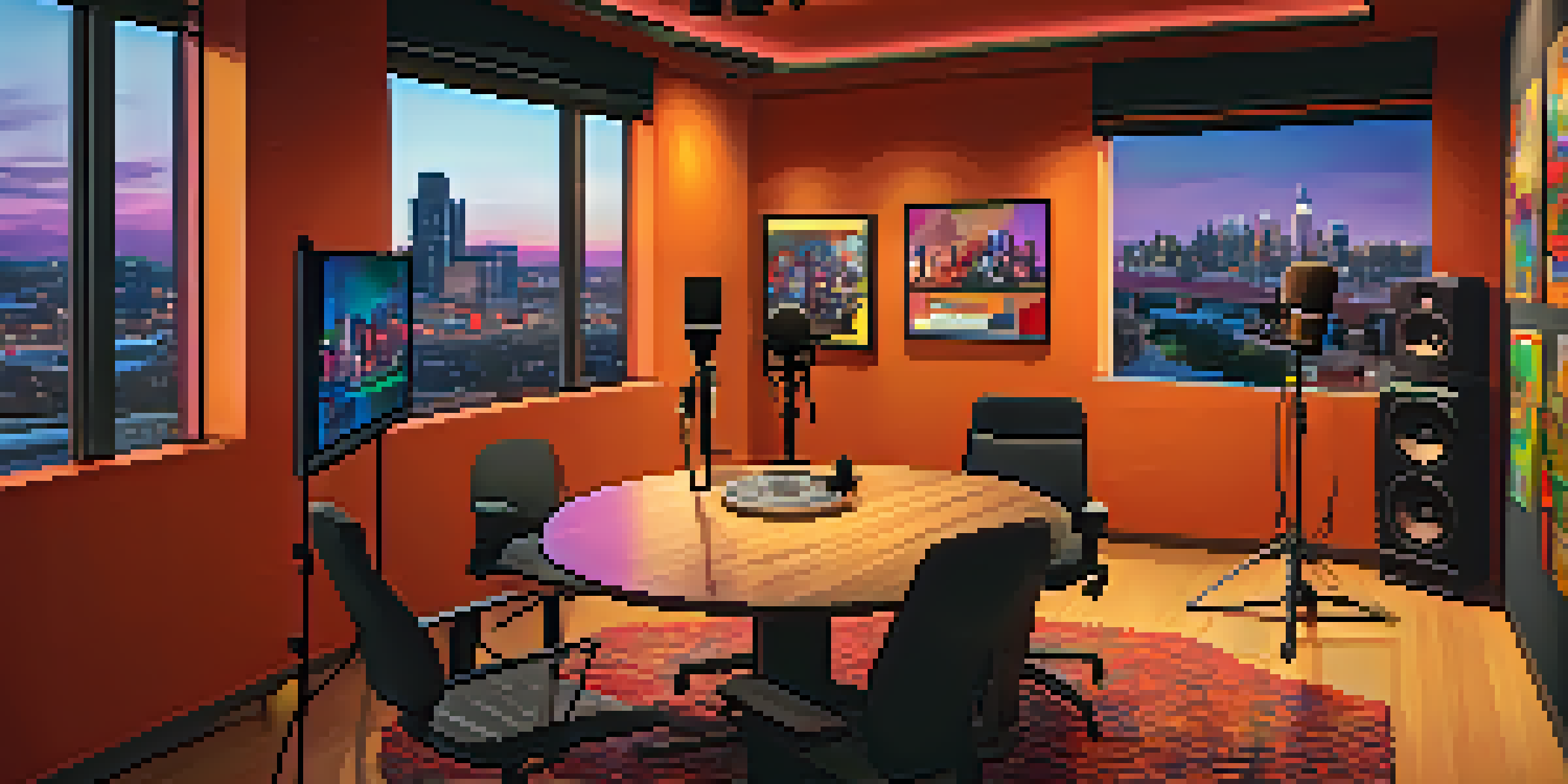 A cozy podcast studio with a round table, microphones, and a view of the Austin skyline through a window, featuring colorful soundproofing panels and local art.