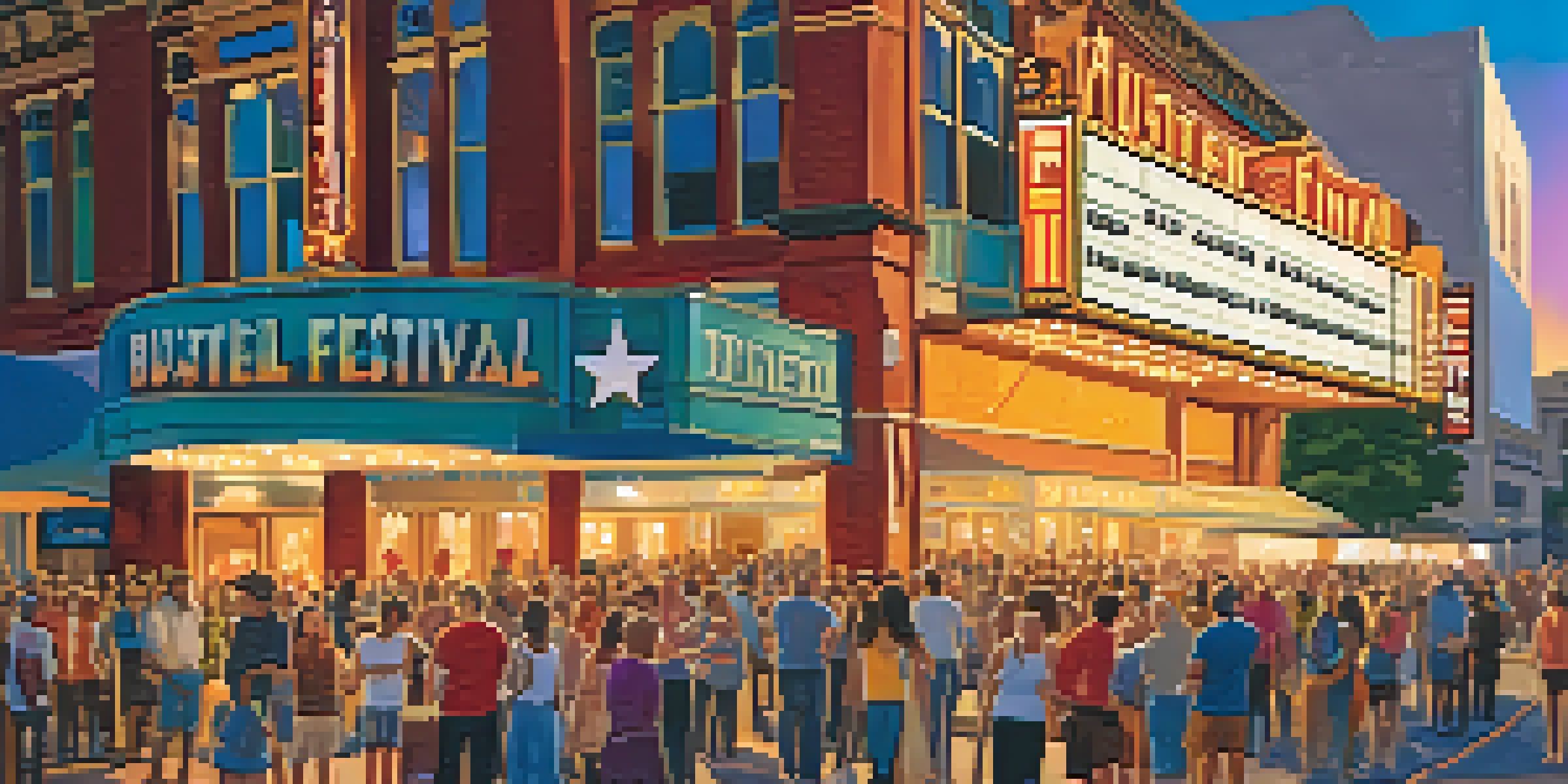 A lively scene depicting crowds at an Austin film festival outside a historic theater, with colorful banners and a warm sunset.