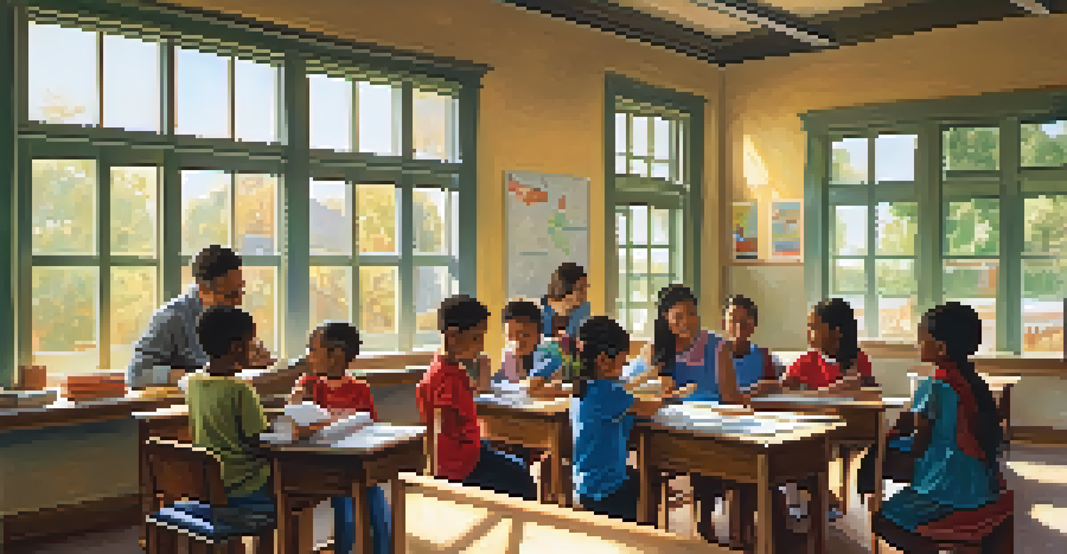 A volunteer teaching children in a bright classroom, surrounded by educational materials and artwork, with warm sunlight streaming in.