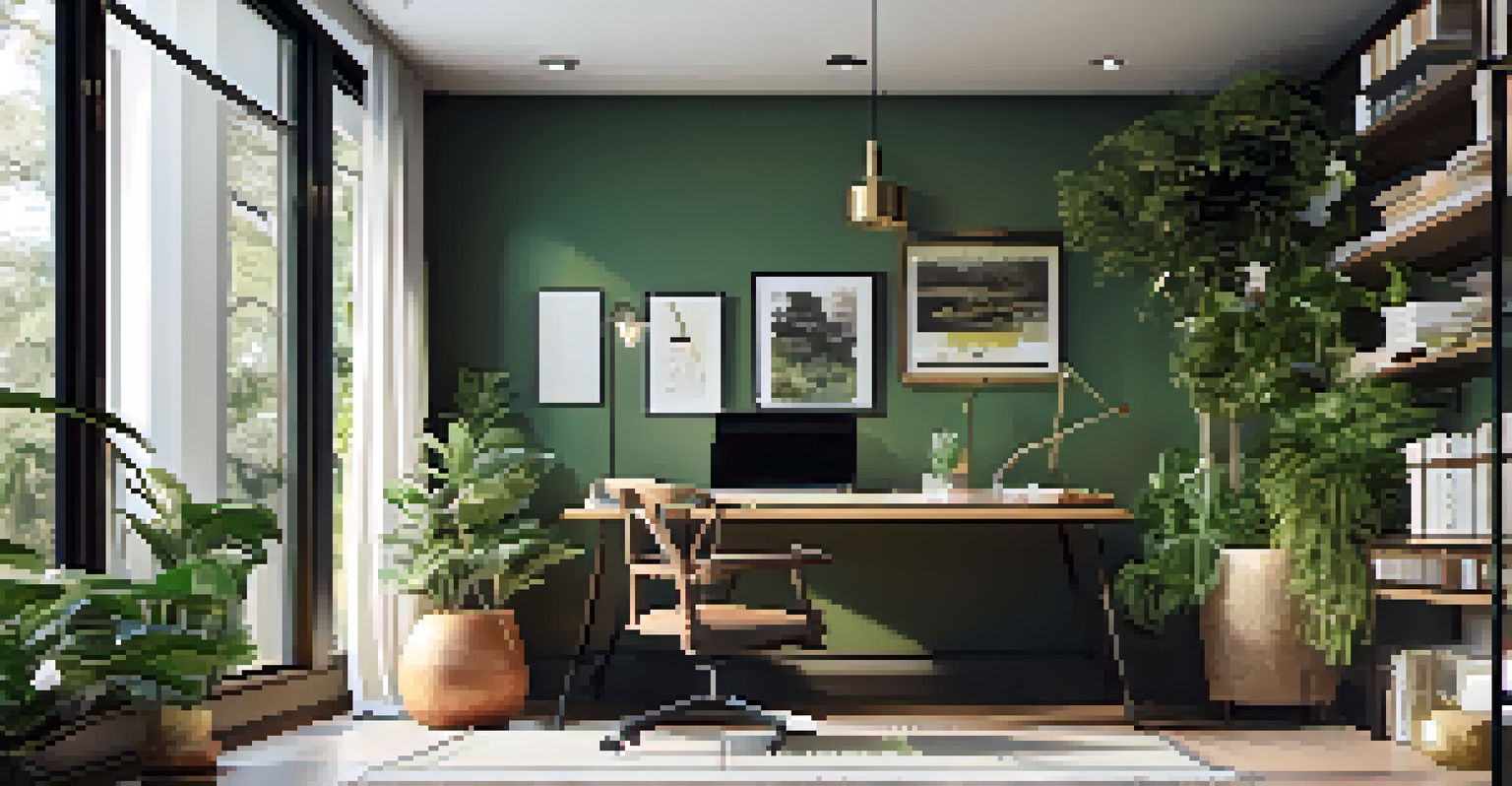 A contemporary home office interior with large windows, stylish desk, and a view of a lush backyard, filled with natural light.