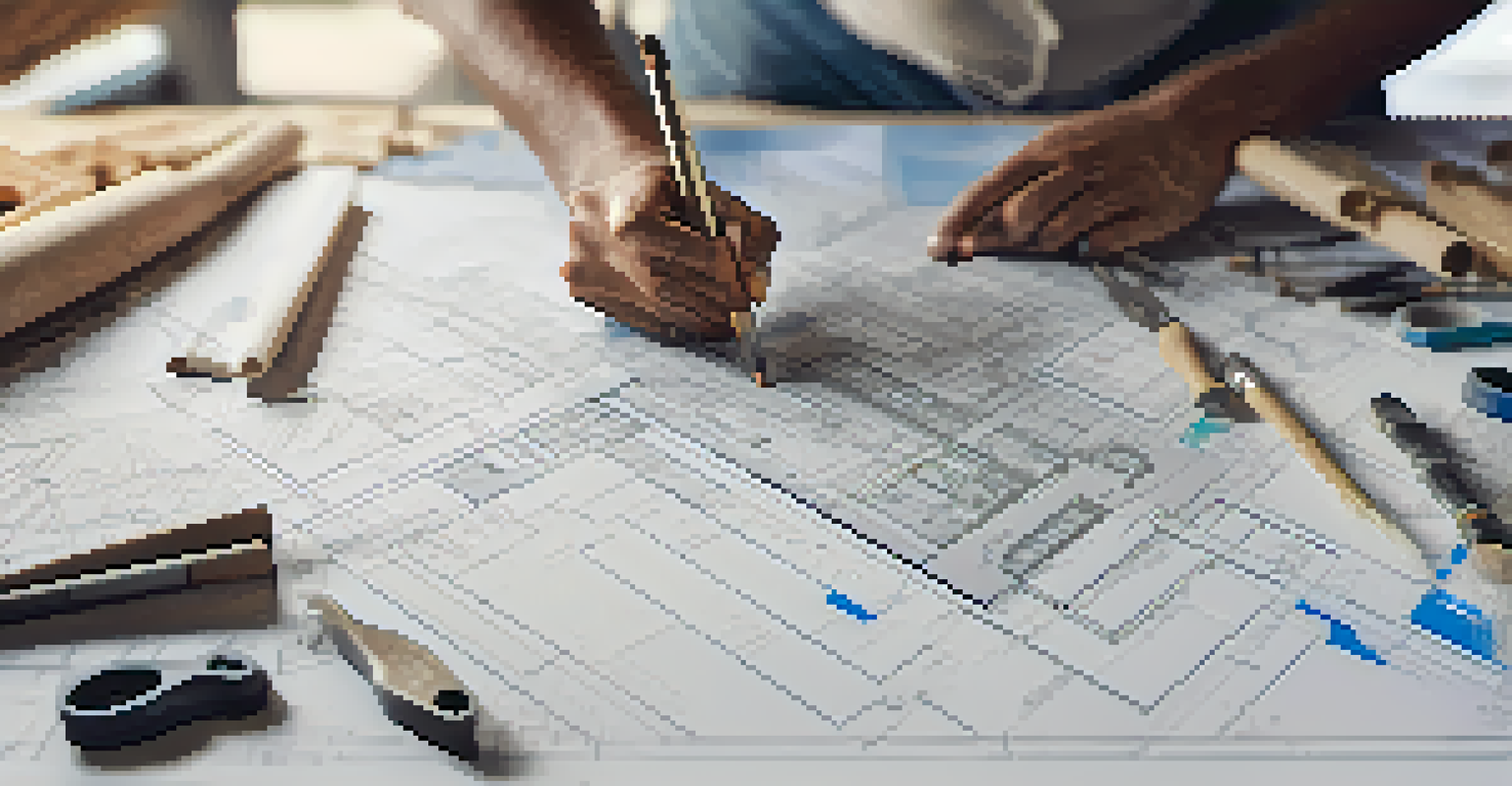 A close-up of hands working on a housing blueprint, with tools and materials, depicting plans for a mixed-income housing project against a blurred Austin skyline.