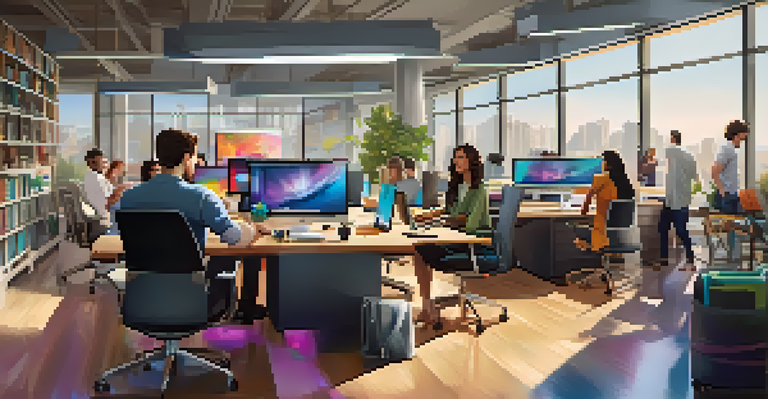 A busy tech startup office in Silicon Hills with diverse professionals collaborating around a table filled with laptops and tech gadgets.