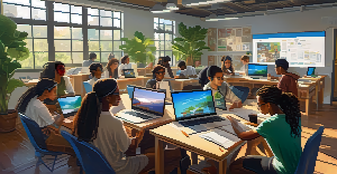 A diverse group of students participating in an online tech class in a bright and modern room, with laptops and notes around them.