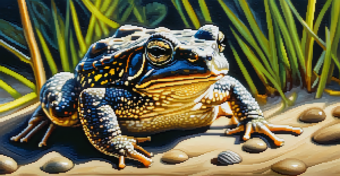 A close-up view of a Houston toad on sandy soil, with sunlight creating soft shadows and highlighting its textured skin.