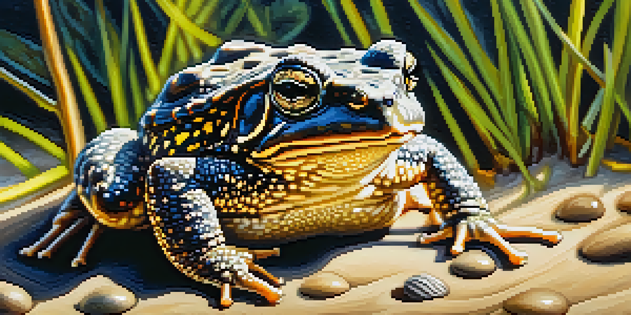 A close-up view of a Houston toad on sandy soil, with sunlight creating soft shadows and highlighting its textured skin.
