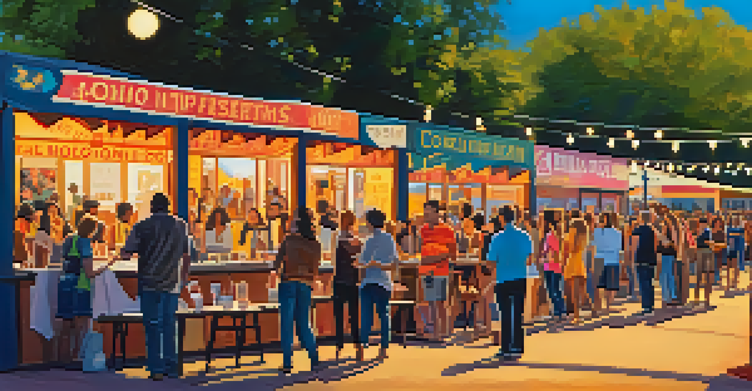 An outdoor film festival scene with booths, filmmakers, and a diverse crowd during sunset.