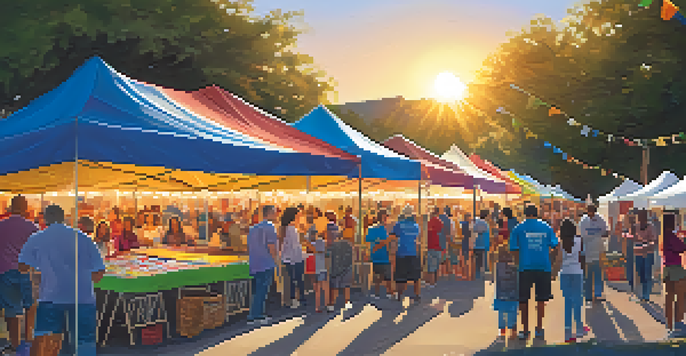A community event in Austin with diverse volunteers setting up colorful booths, families enjoying activities, and a warm sunset in the background.