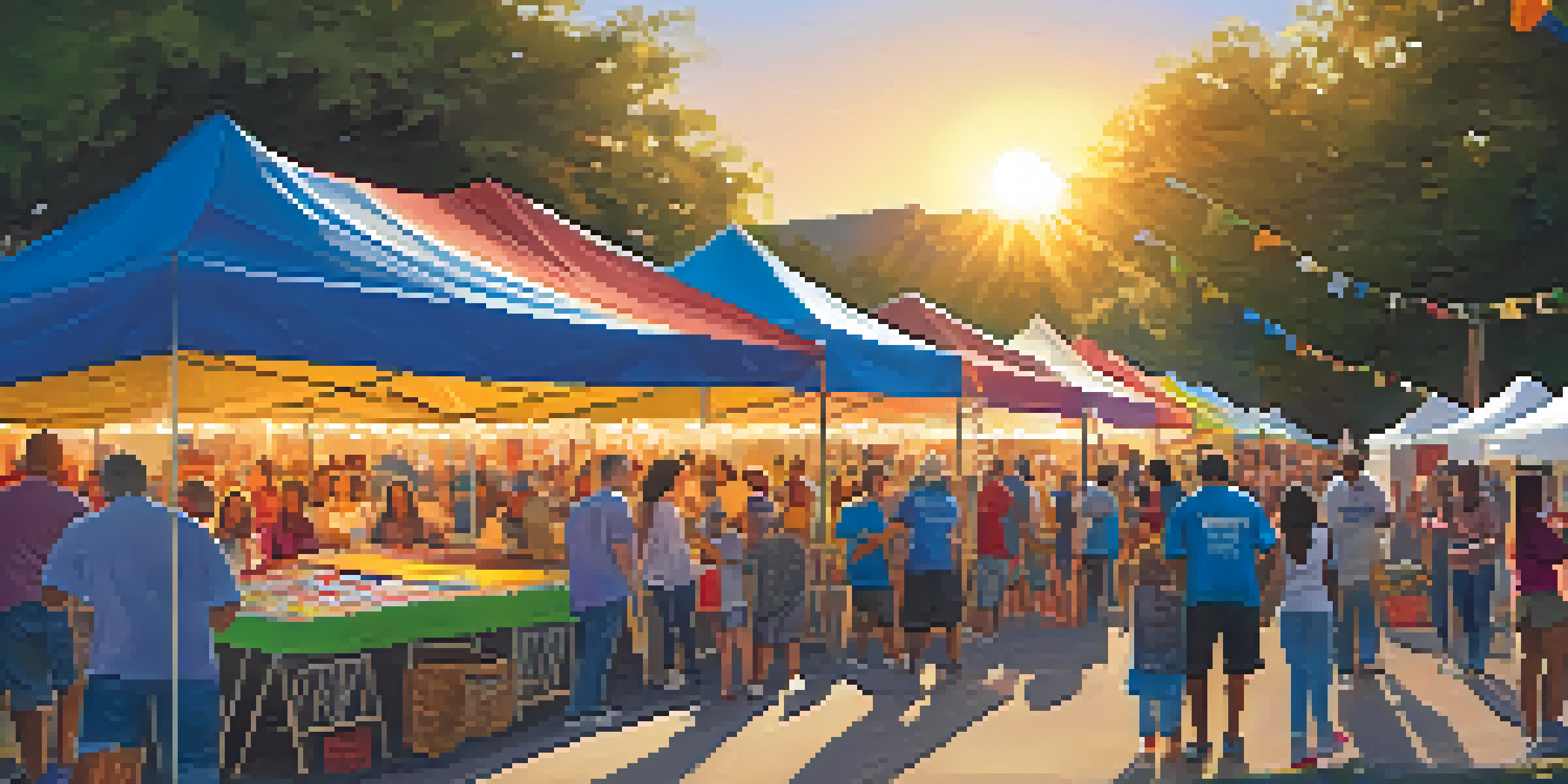A community event in Austin with diverse volunteers setting up colorful booths, families enjoying activities, and a warm sunset in the background.
