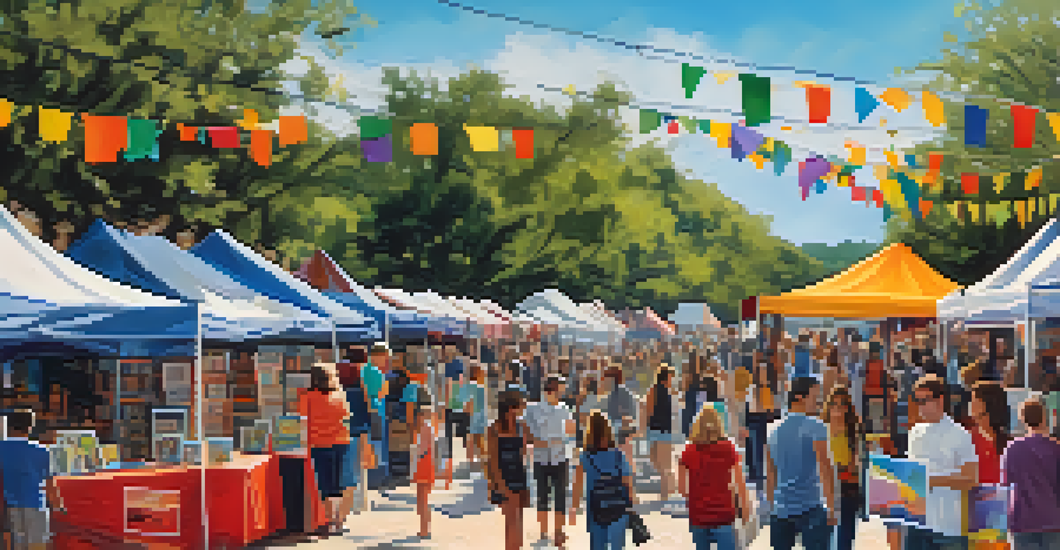 A lively outdoor book festival with colorful tents, people browsing books, and a festive atmosphere celebrating local authors.