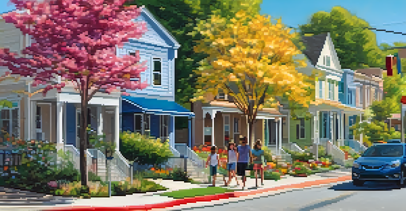 A charming Austin neighborhood with tree-lined streets, pedestrians walking, and colorful houses, highlighting a community-oriented environment.
