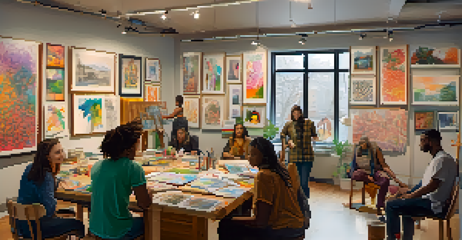 A diverse group of artists collaborating in a cozy studio, surrounded by colorful artwork and art supplies.