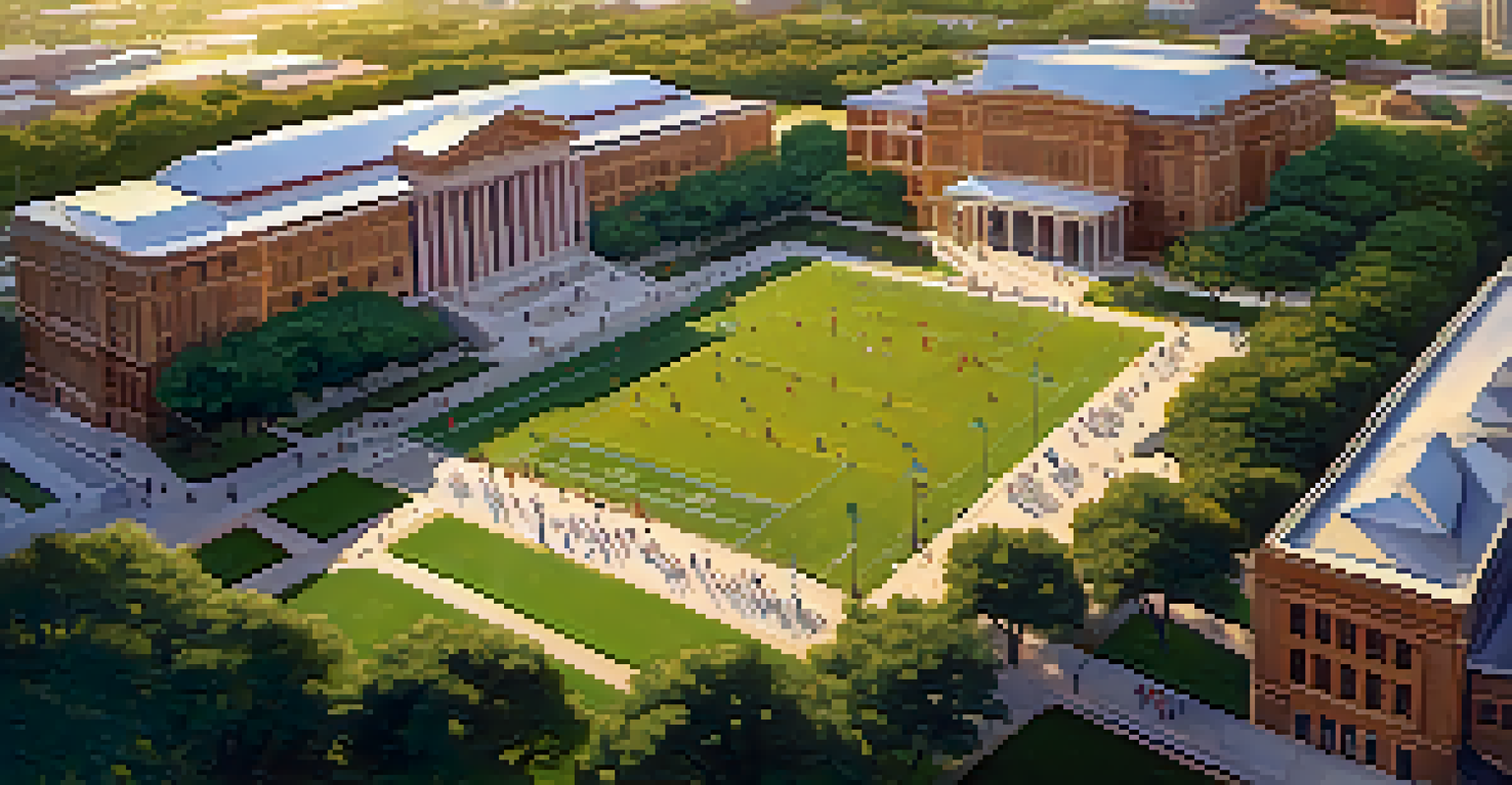 Aerial view of the University of Texas at Austin campus with students studying, biking, and enjoying the outdoor spaces during sunset.