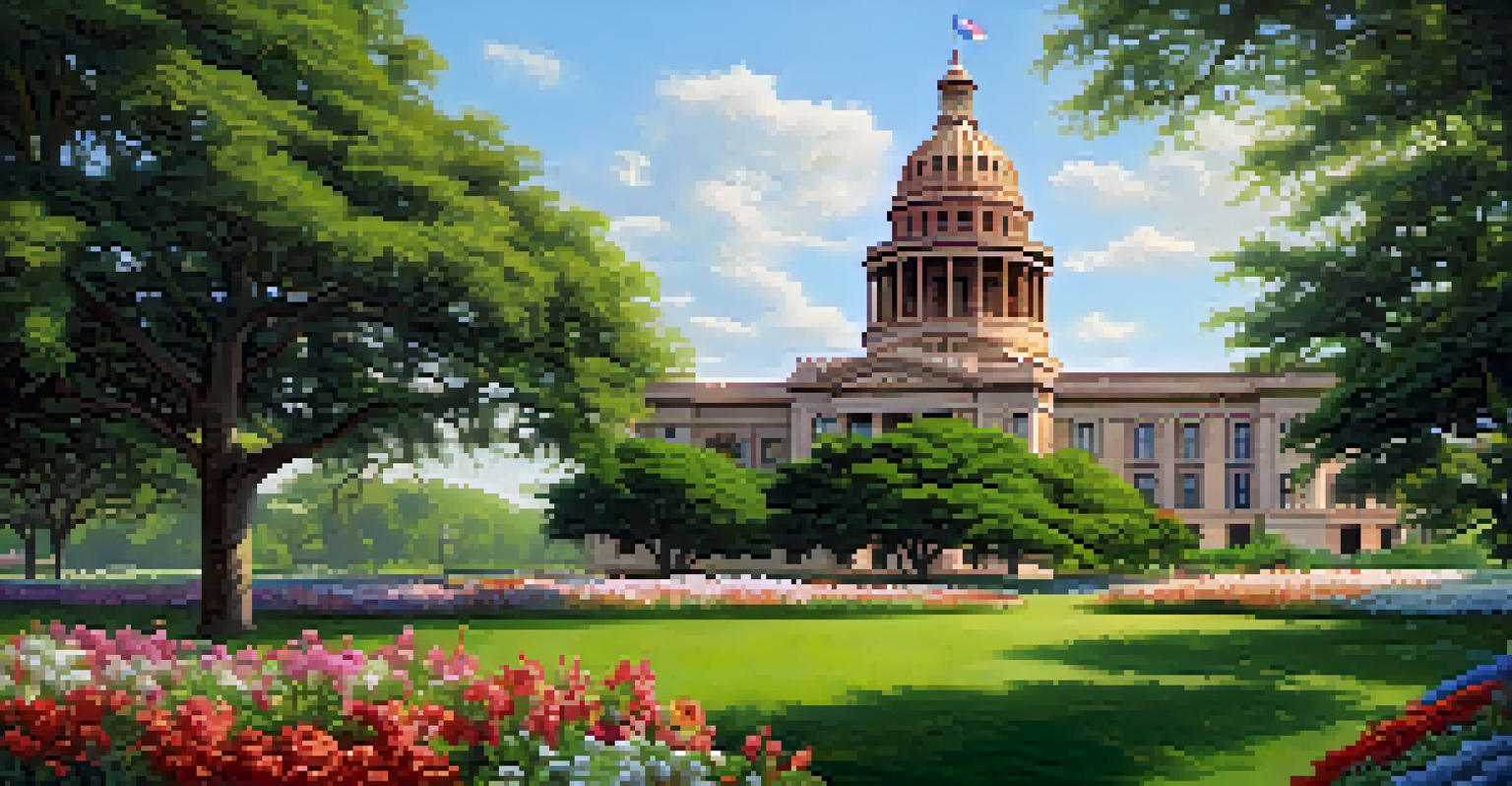 The Texas State Capitol building surrounded by greenery and flowers, illuminated by soft morning light, with people celebrating a local festival in the background.