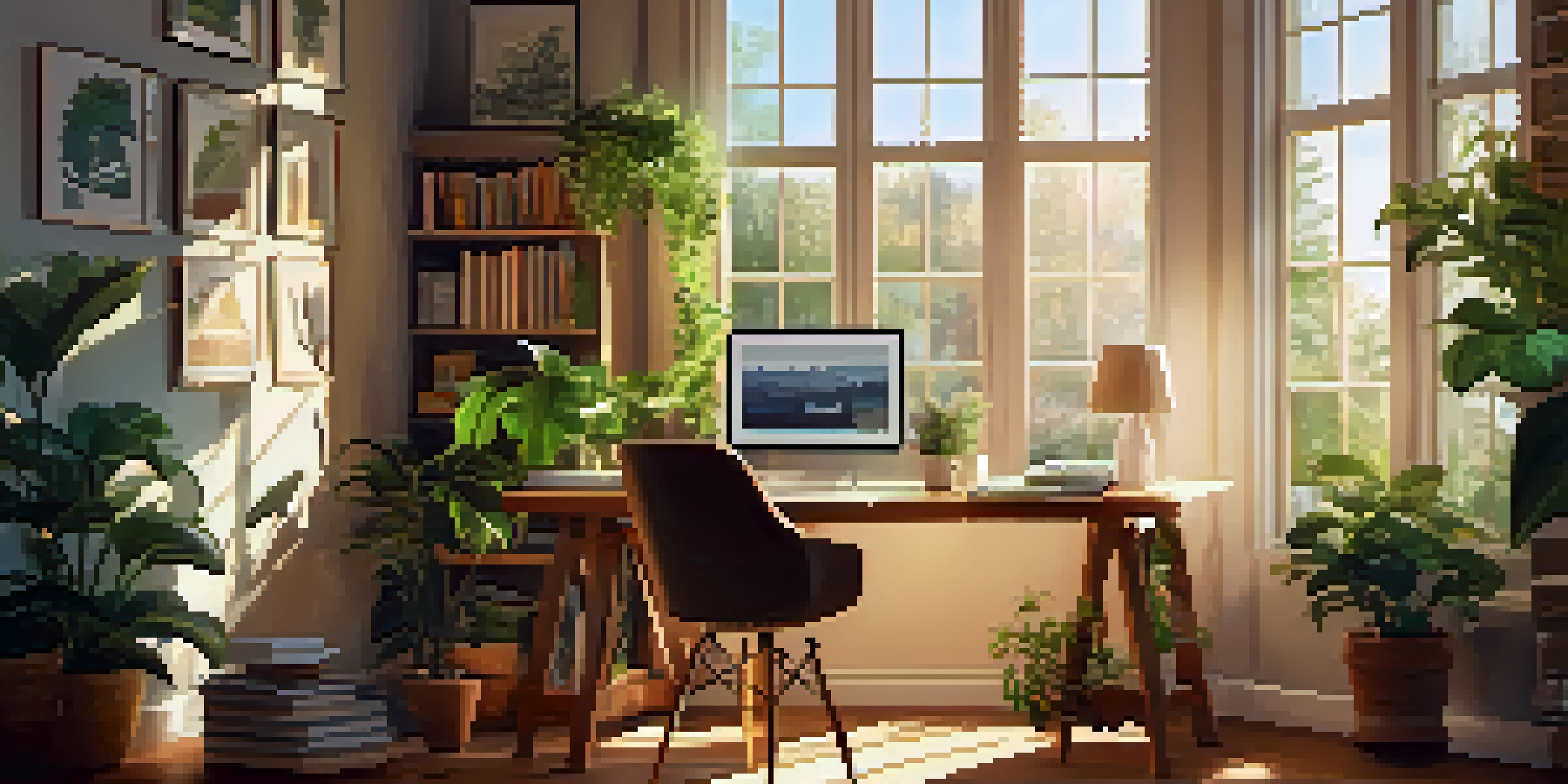 A home office with a desk, laptop, plants, and a cup of coffee, bathed in soft sunlight.