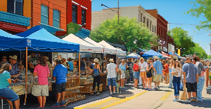 A bustling street fair with colorful booths, people enjoying live music, and food vendors, capturing the lively spirit of the Pecan Street Festival in Austin.