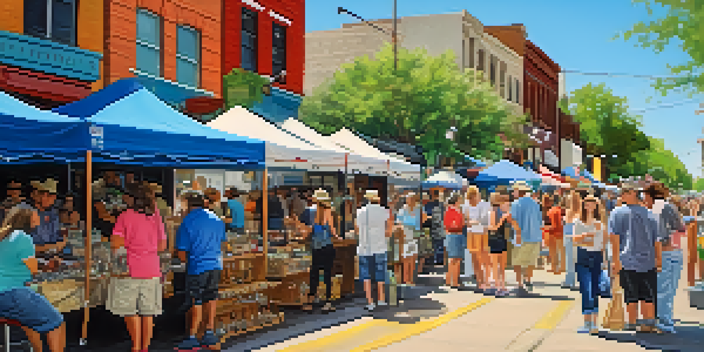A bustling street fair with colorful booths, people enjoying live music, and food vendors, capturing the lively spirit of the Pecan Street Festival in Austin.