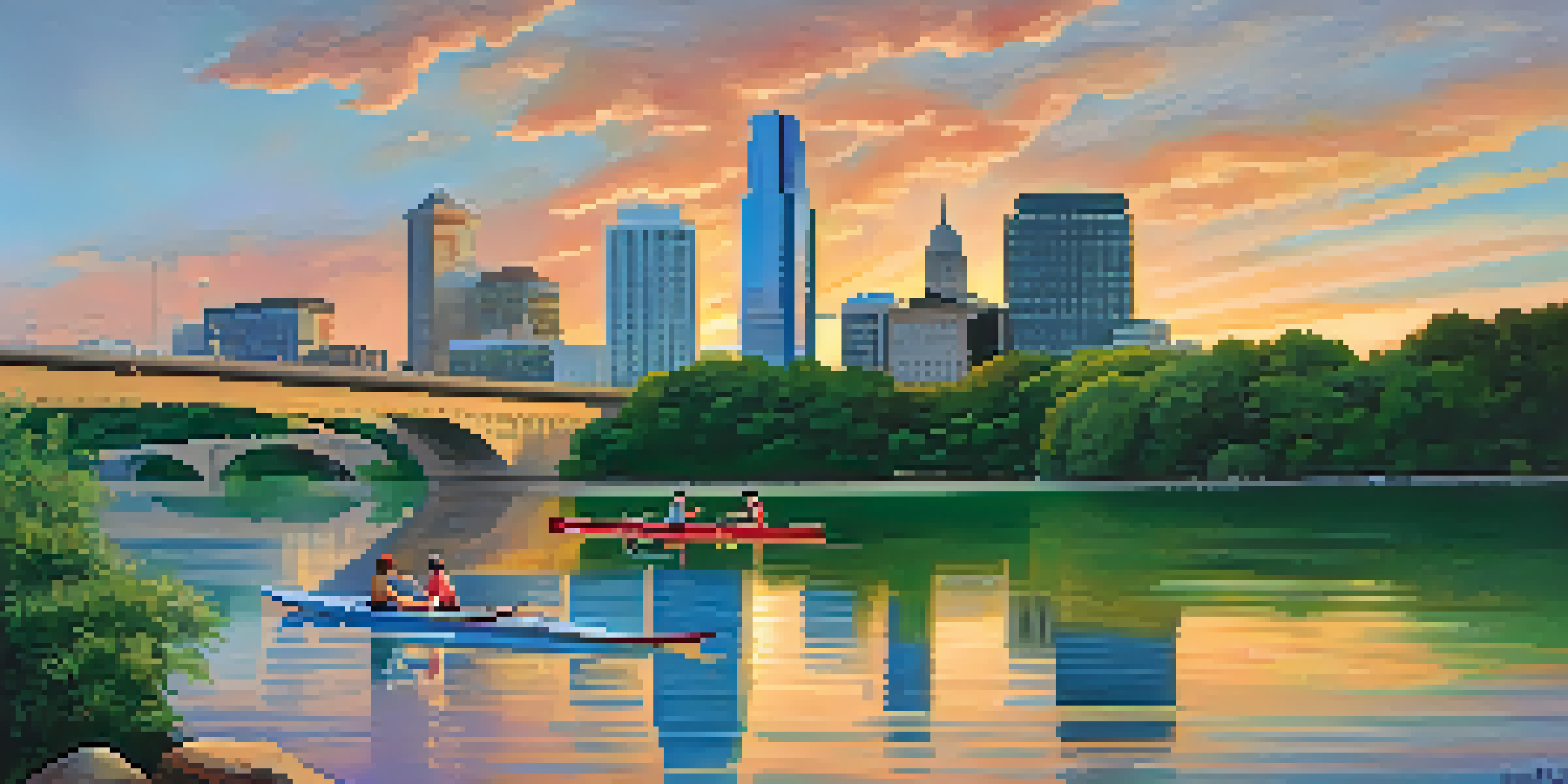A scenic sunset view of Lady Bird Lake with kayakers and the Austin skyline in the background.