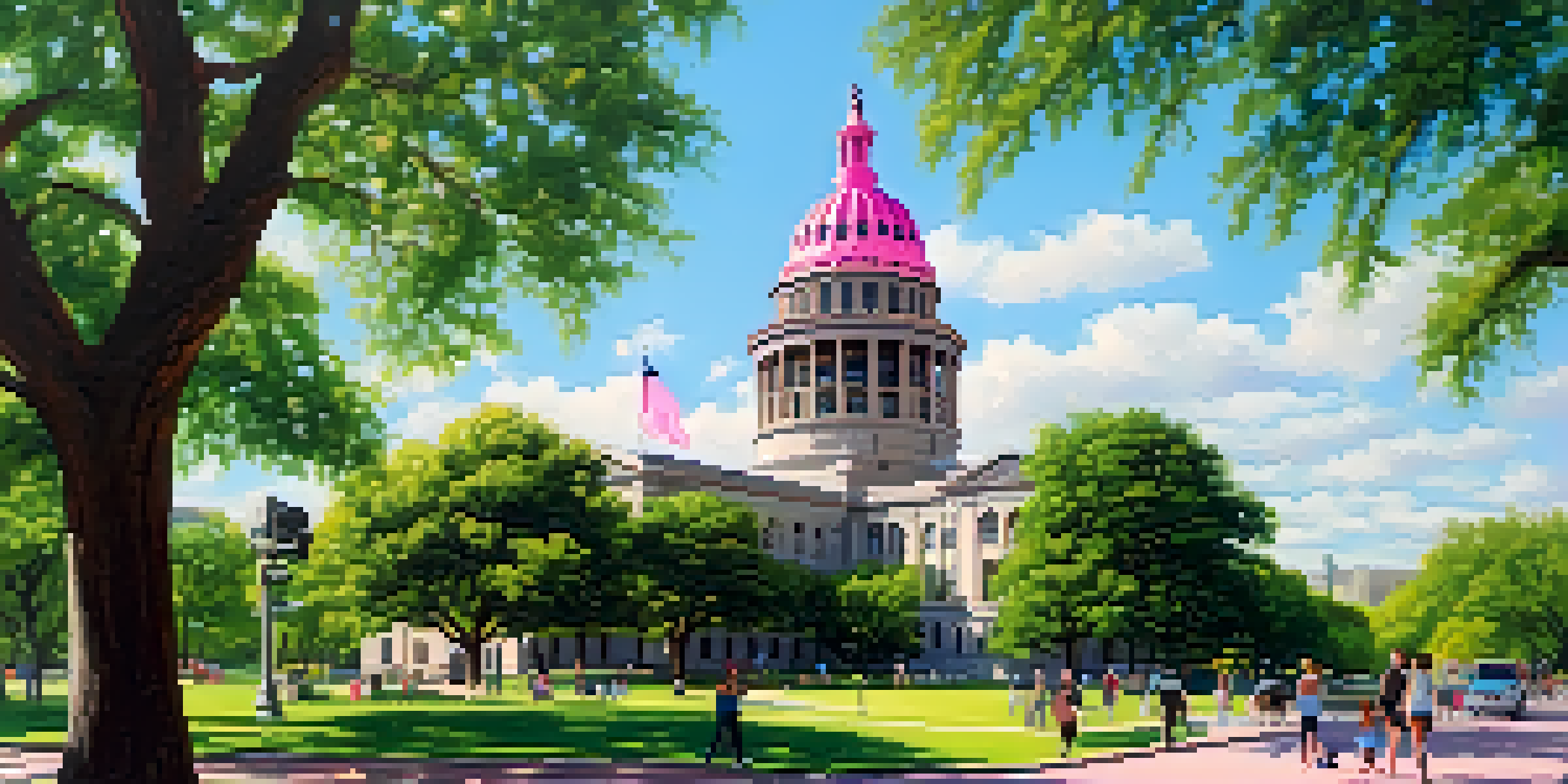 A historic view of the Texas State Capitol in Austin, surrounded by green trees and people walking, under a clear blue sky.