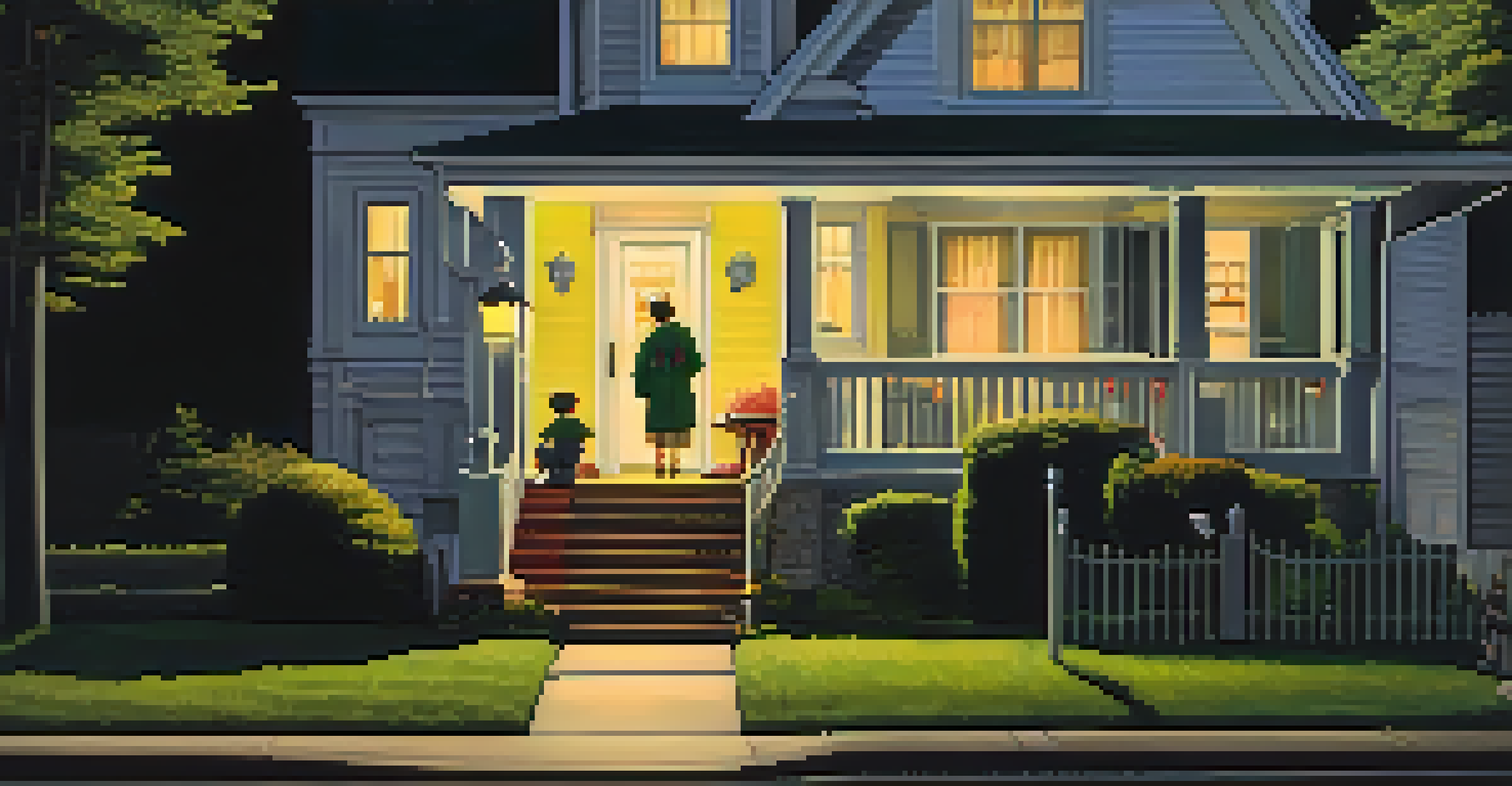 Two children with black eyes standing on a doorstep of a house in a suburban neighborhood at night.