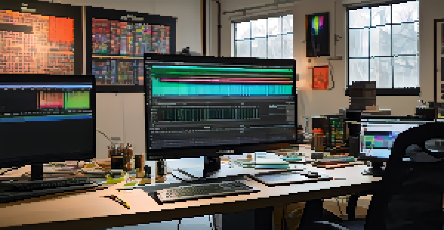 A modern editing studio with high-tech equipment and a colorful film timeline on the screen.