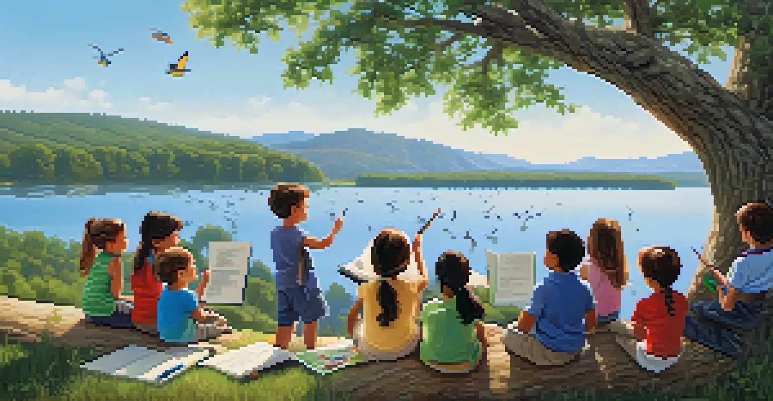 Children learning about wildlife with an instructor by a lake in a sunny outdoor classroom.