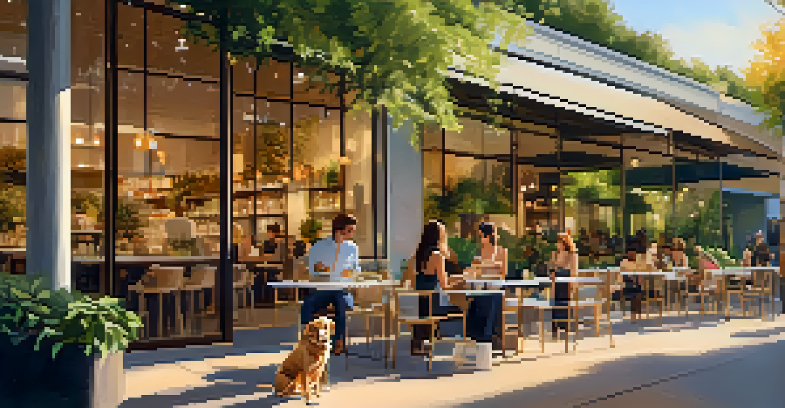 A stylish outdoor shopping area in The Domain, Austin, with pet-friendly patios and shoppers enjoying the ambiance with their dogs.