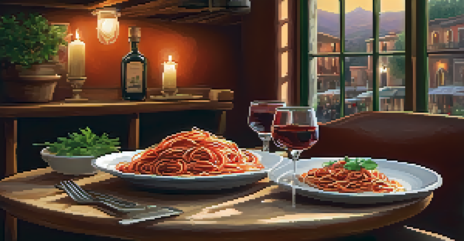 A rustic trattoria in Little Italy with a wooden table set for a meal, featuring a plate of spaghetti and a glass of red wine.