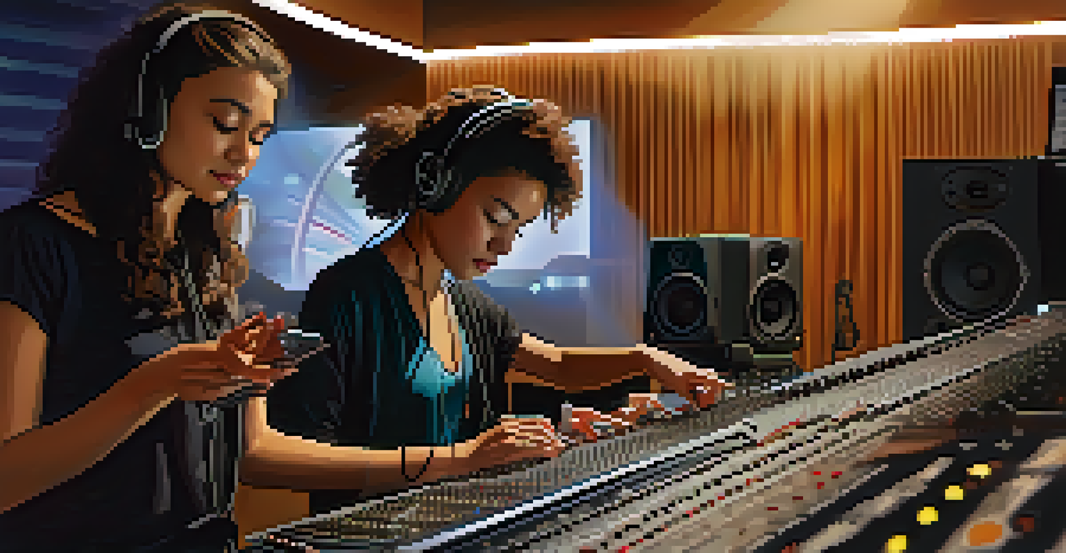A young woman working at a music mixing console in a modern recording studio.