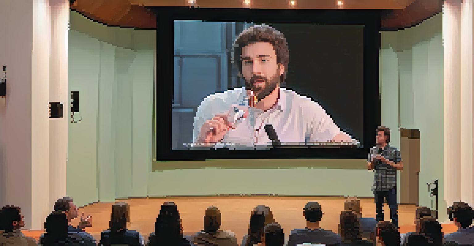 A filmmaker speaking at a panel discussion during a local film festival, with an engaged audience and a film still on display.