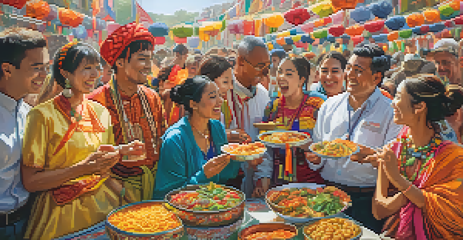 Diverse festival-goers in colorful costumes enjoying traditional food, with festive decorations around them.