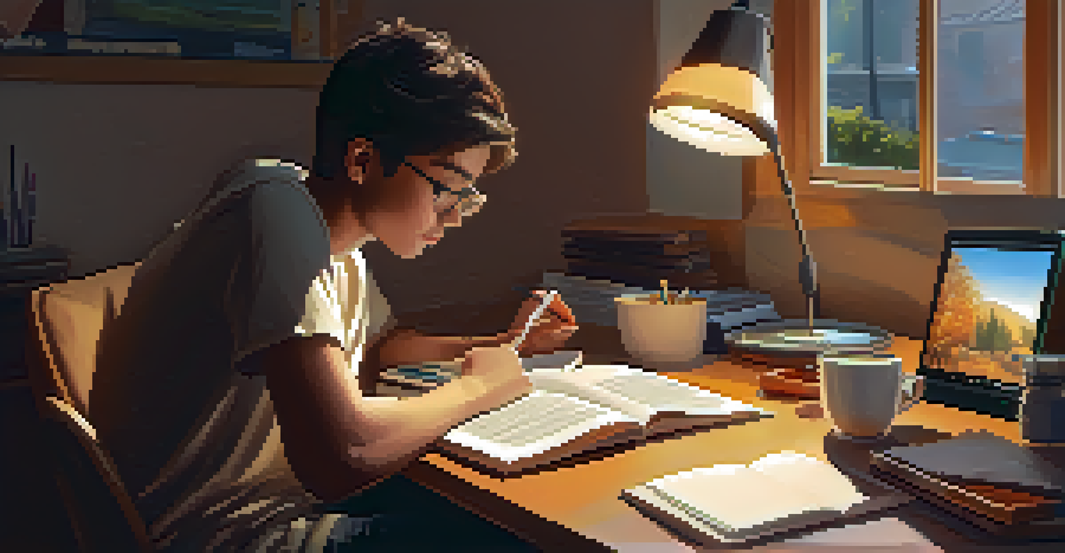 A student studying at home with a cluttered desk filled with notebooks, a tablet, and a cup of coffee, illuminated by warm desk lamp light.
