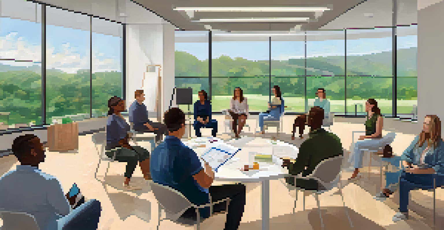 A contemporary workplace in Austin where employees are engaged in a mental health workshop, featuring natural light, a facilitator, and inspirational quotes on the walls.