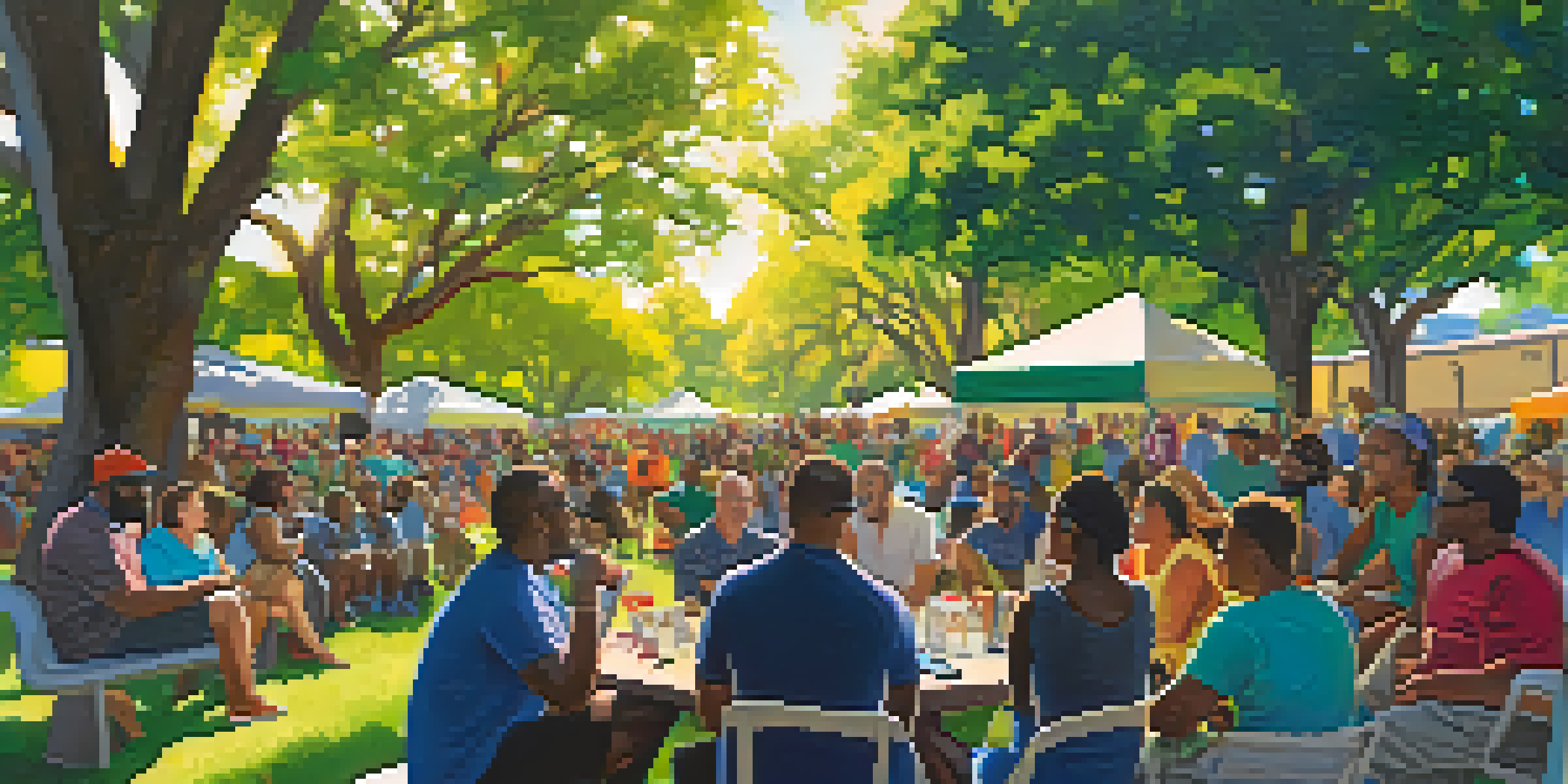 A diverse group of people in a park in Austin, Texas, participating in a grassroots advocacy meeting with colorful banners and signs.