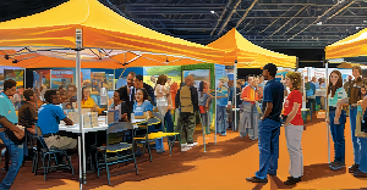 A vibrant job fair scene with young people engaging with representatives from job training organizations at colorful booths.