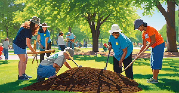 A group of diverse volunteers planting trees in a sunny park, showcasing community engagement and teamwork.