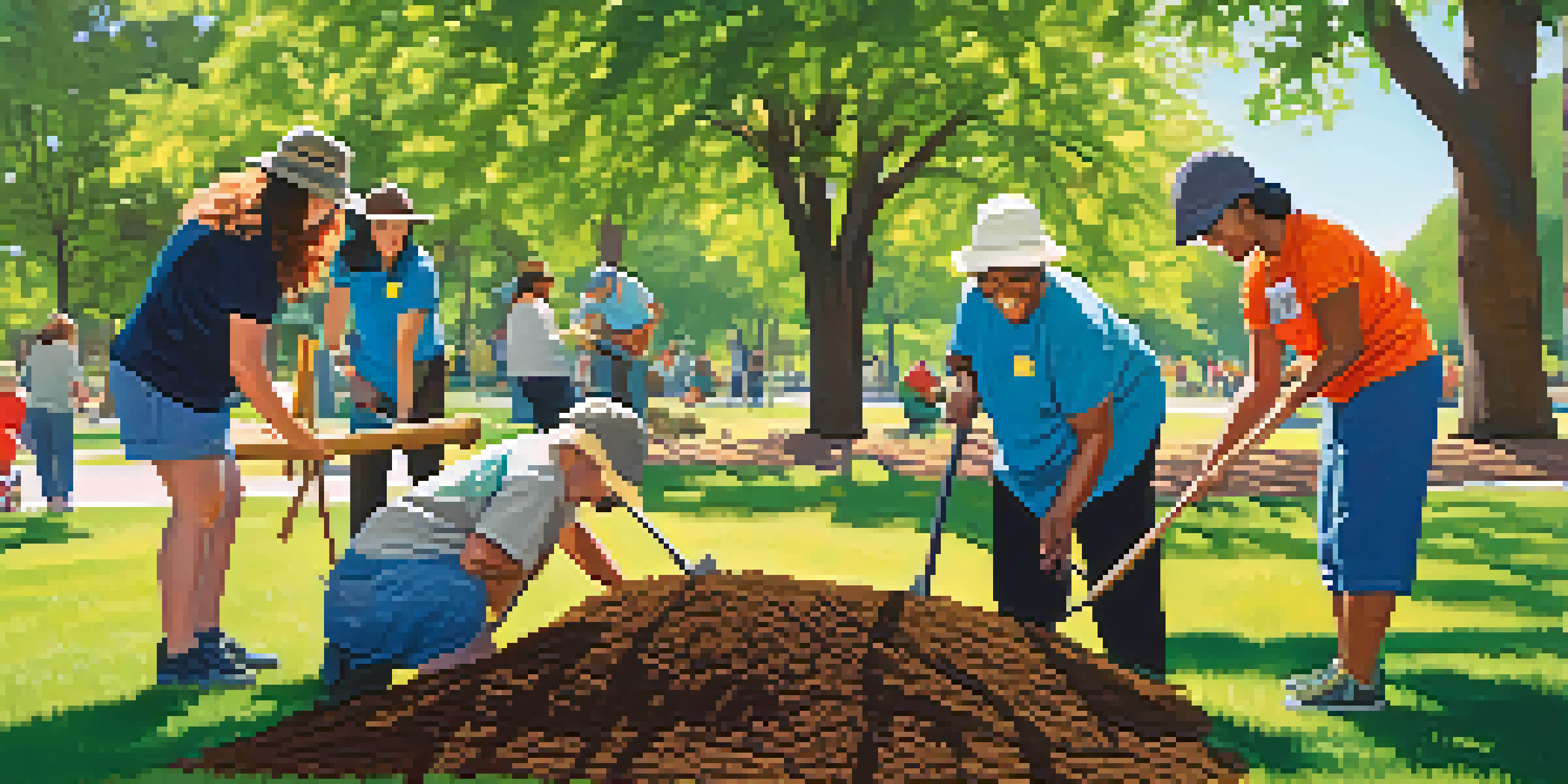 A group of diverse volunteers planting trees in a sunny park, showcasing community engagement and teamwork.