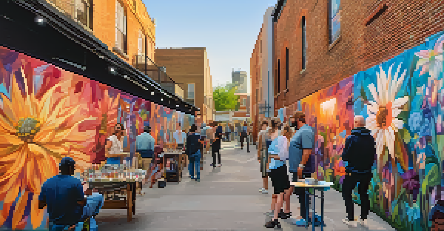 An outdoor gallery in an alleyway with colorful murals, filled with people and artists, illuminated by warm golden hour lighting.