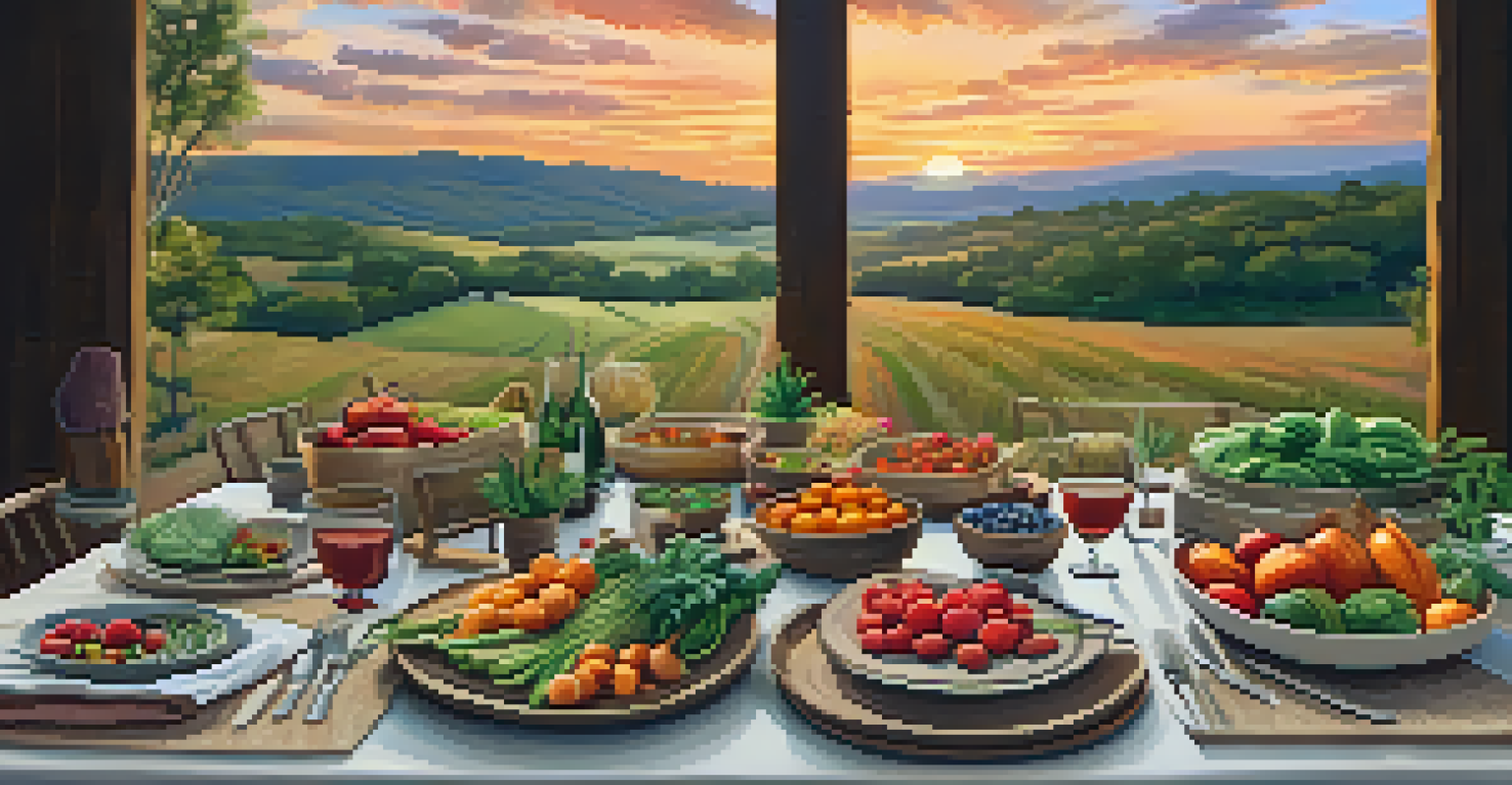 A beautifully arranged farm-to-table meal at a nutrition retreat in Austin, Texas, with seasonal produce and a sunset backdrop.