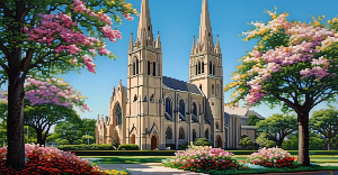 An exterior view of the Cathedral of Saint Mary with twin spires, intricate stone carvings, and stained glass windows, surrounded by colorful flowers.