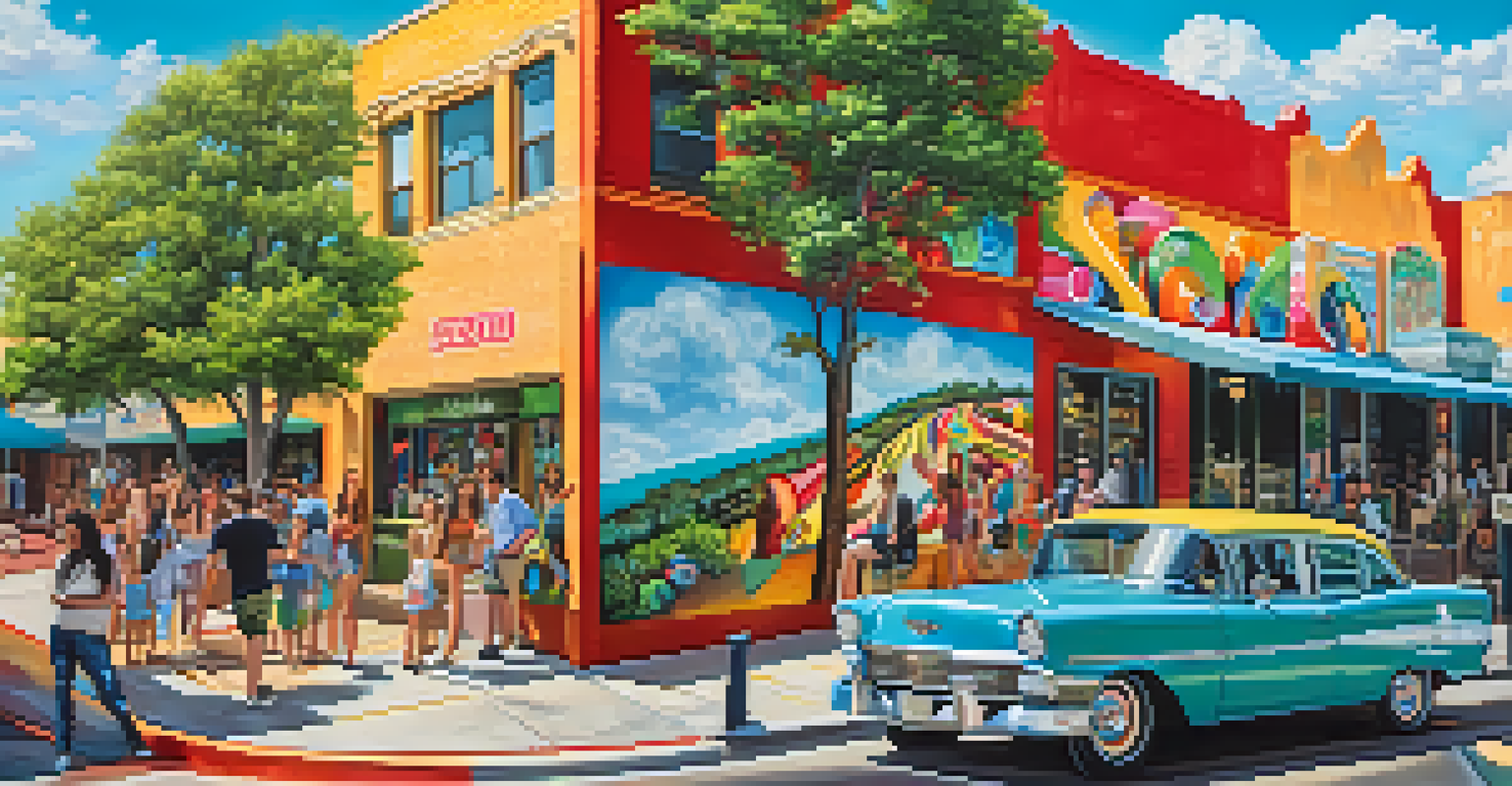 A colorful street scene on South Congress Avenue with the 'I love you so much' mural, shops, and people taking photos.