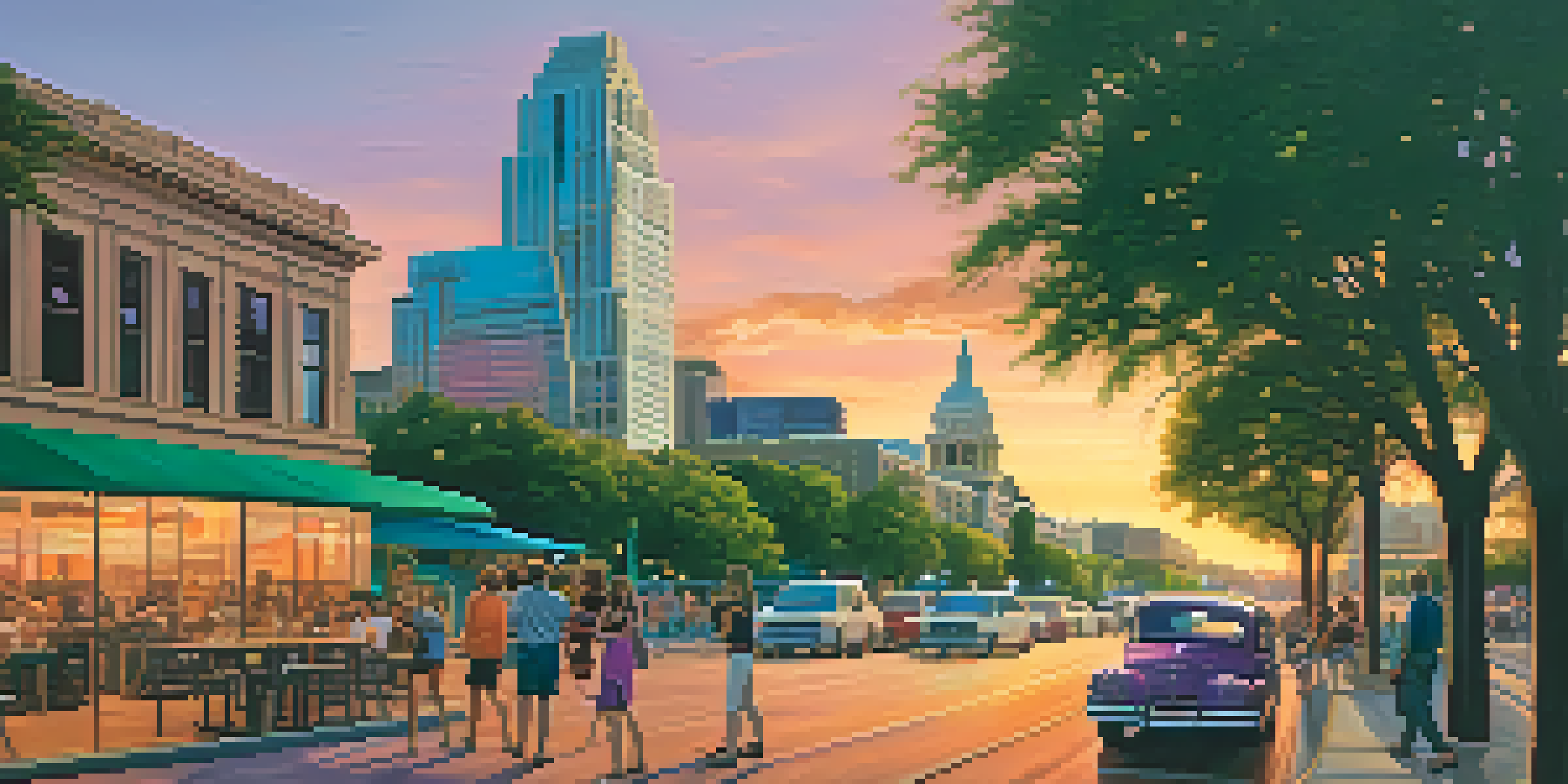 A colorful sunset over the Austin skyline with the Texas State Capitol in view, surrounded by green trees and people at outdoor cafes.