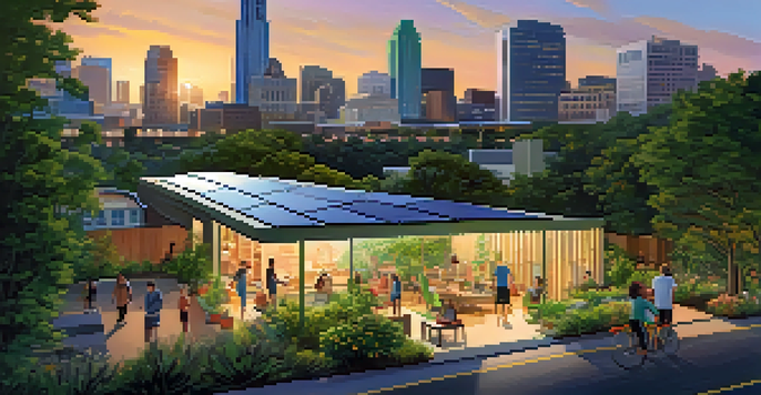 A sunset view of Austin, Texas, showing a mix of modern buildings and green spaces with solar panels on rooftops, people enjoying outdoor activities, and lush trees.