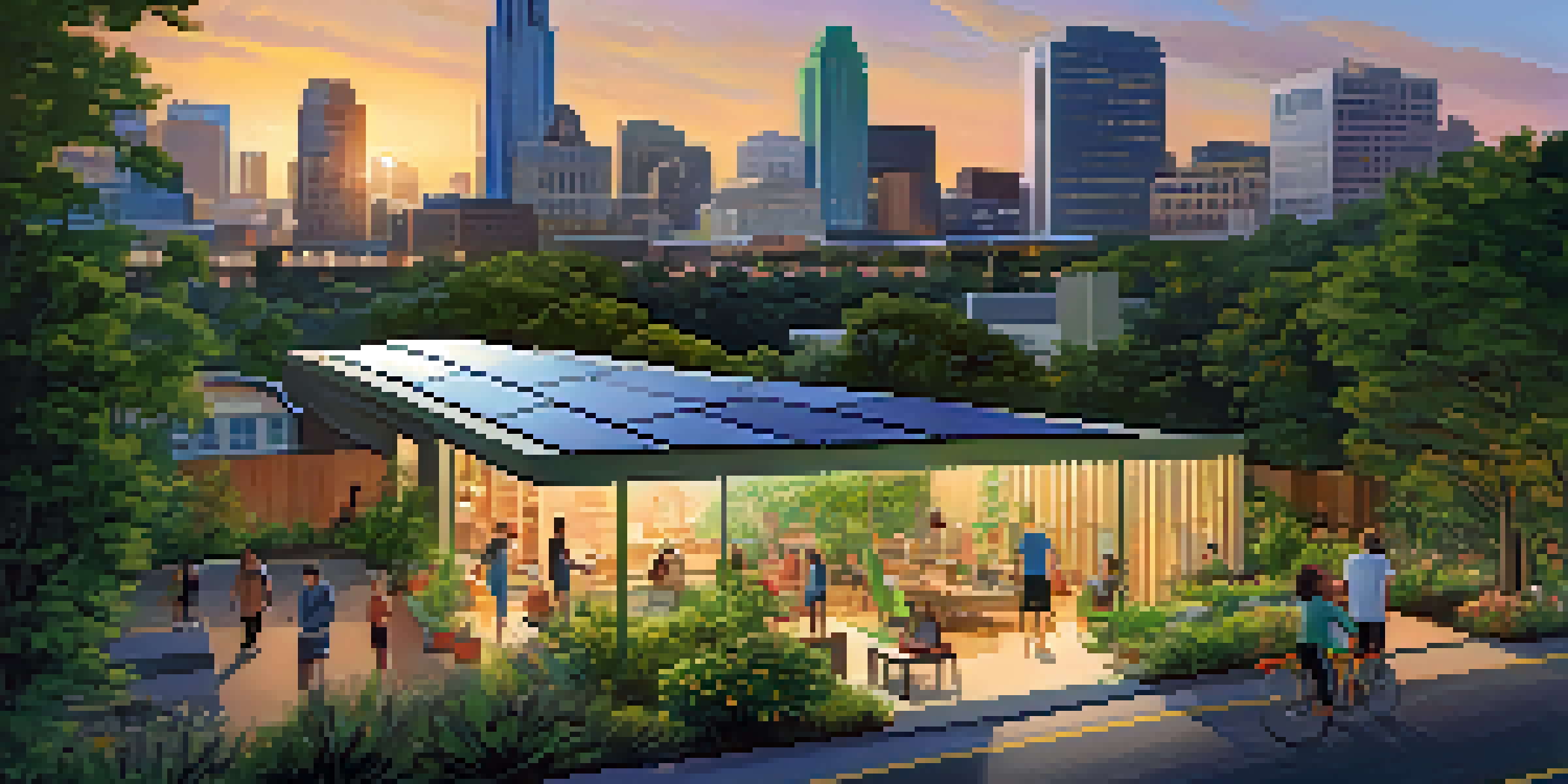 A sunset view of Austin, Texas, showing a mix of modern buildings and green spaces with solar panels on rooftops, people enjoying outdoor activities, and lush trees.