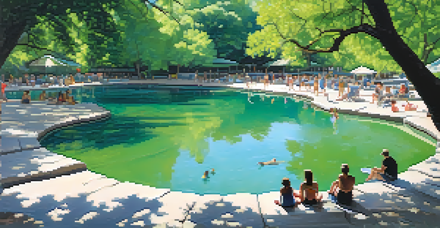 Families enjoying the natural spring-fed Barton Springs Pool surrounded by greenery.